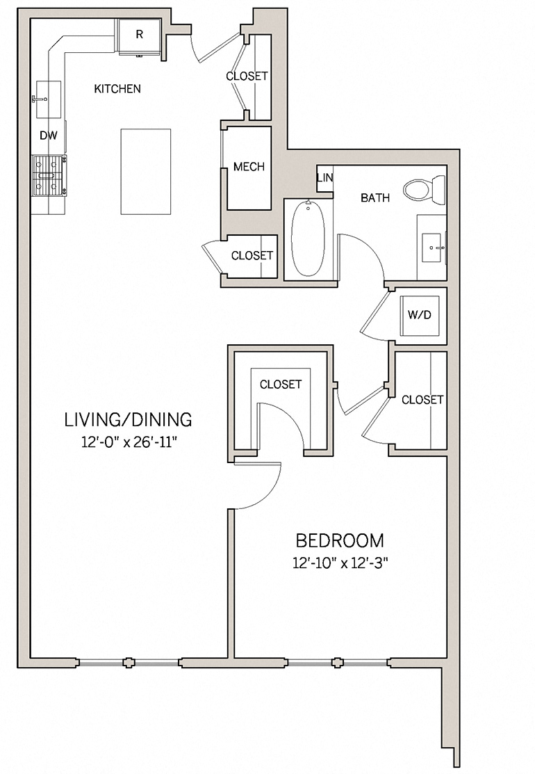 Floor plan for 1 bed, 1 bath, 951 sqft